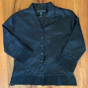 Silkland Silk Black Top, Beautiful Floral Embroidery on Sheer Fabric, Size 8